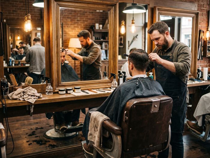 Barbero cortando el cabello a un cliente